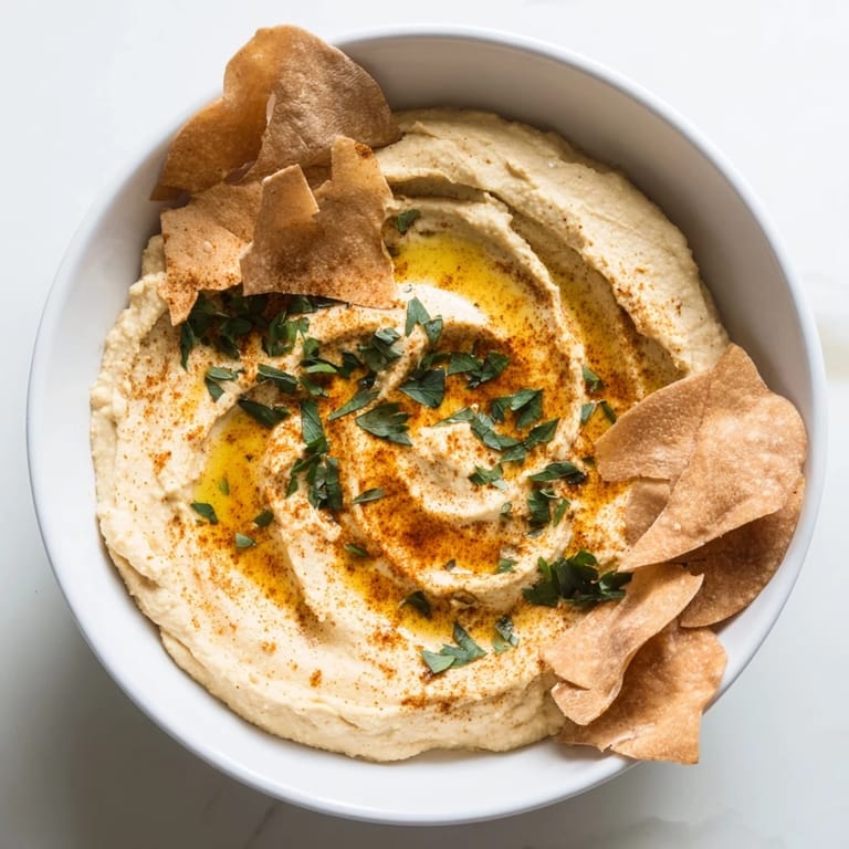 A vibrant photo of a Sahara Dune appetizer: smooth hummus dunes and crispy pita chips for dipping.