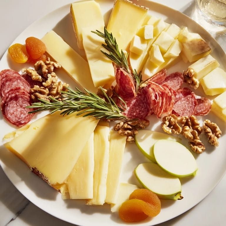 Warm tones of the Winter Mountain Cheese Platter with honey drizzle, bread, and savory accents for an appetizer.
