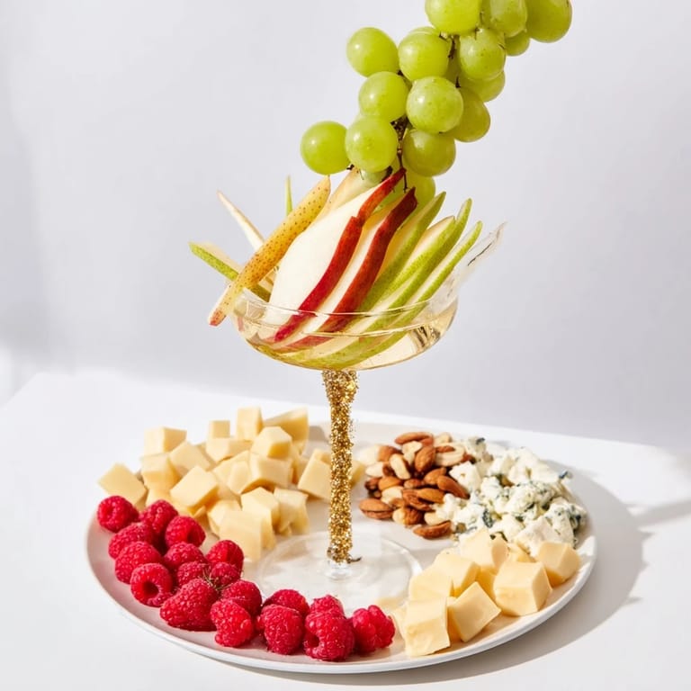 Vibrant close-up of a Champagne Waterfall Board: delicious cheeses and fruit cascade beautifully.