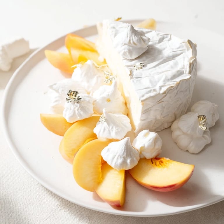Taste the delicate flavors of The Pearly Gates, an elegant cheese board with creamy brie and white peaches.