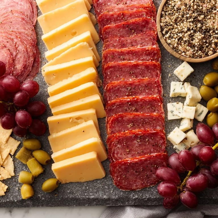 A visually stunning Industrial Slate charcuterie board, featuring meats, cheeses, and olives, perfect for sharing.
