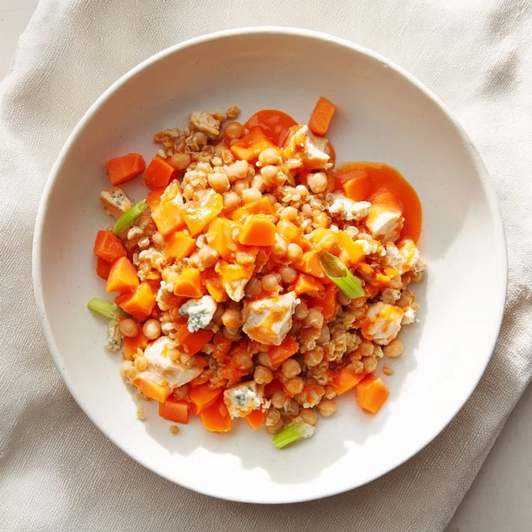 Close-up of a refreshing Buffalo Chicken Bean Salad, a colorful mix of veggies and chickpeas.