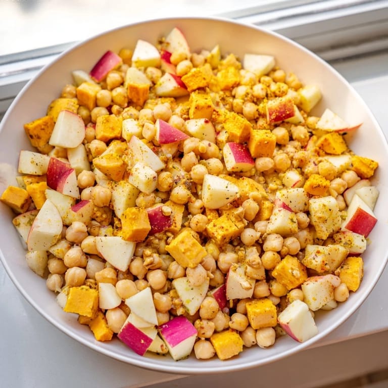 Freshly tossed Fall Harvest Apple and Chickpea Salad: Imagine the flavors—sweet apples paired with a creamy dressing.