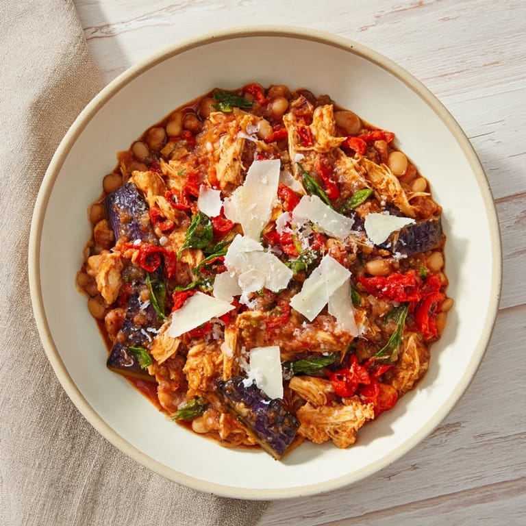 A warm bowl showcases flavorful White Bean and Roasted Red Pepper Chicken, perfect for a cozy weeknight dinner made easy.
