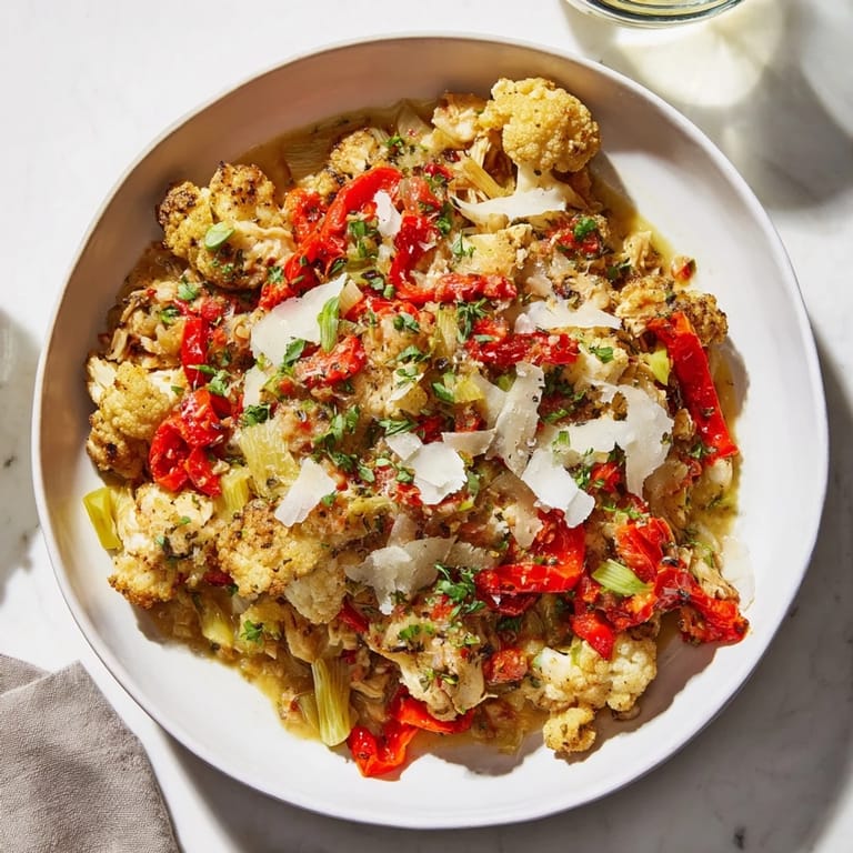 Imagine a rustic stew of White Bean and Roasted Red Pepper Chicken, garnished with fresh parsley and Parmesan cheese.