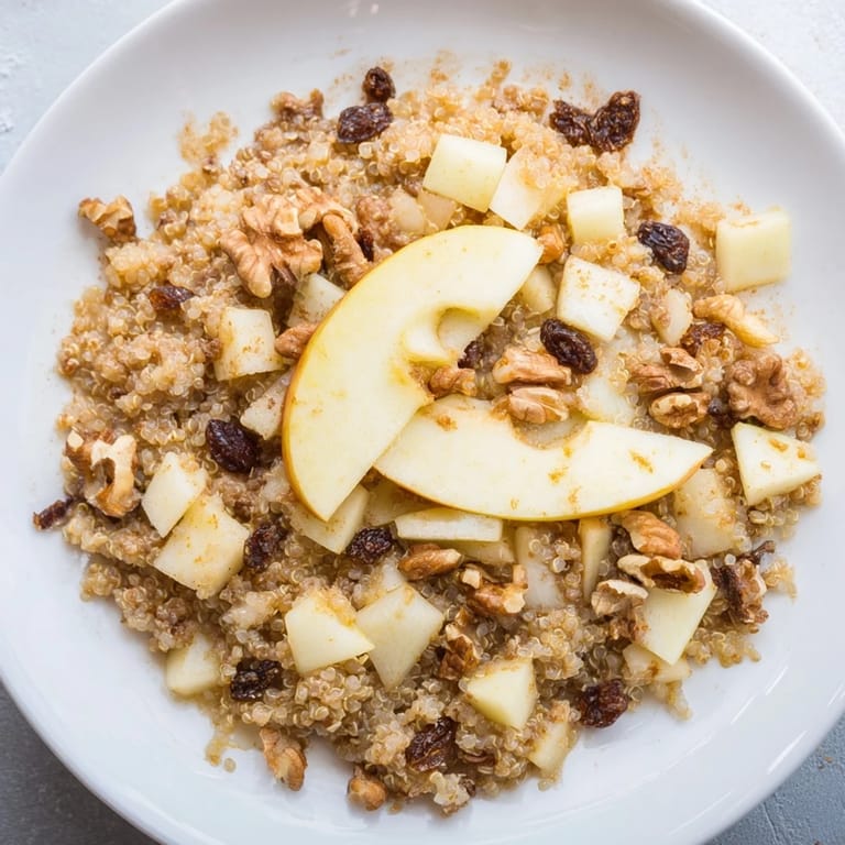 A close-up of a warm Apple Cinnamon Quinoa Bowl, inviting with cinnamon and sweet apple pieces.