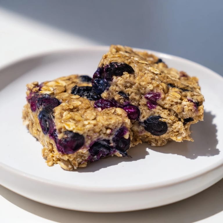 A close-up of delicious Blueberry Banana Oatmeal Protein Bars, a healthy grab-and-go option.