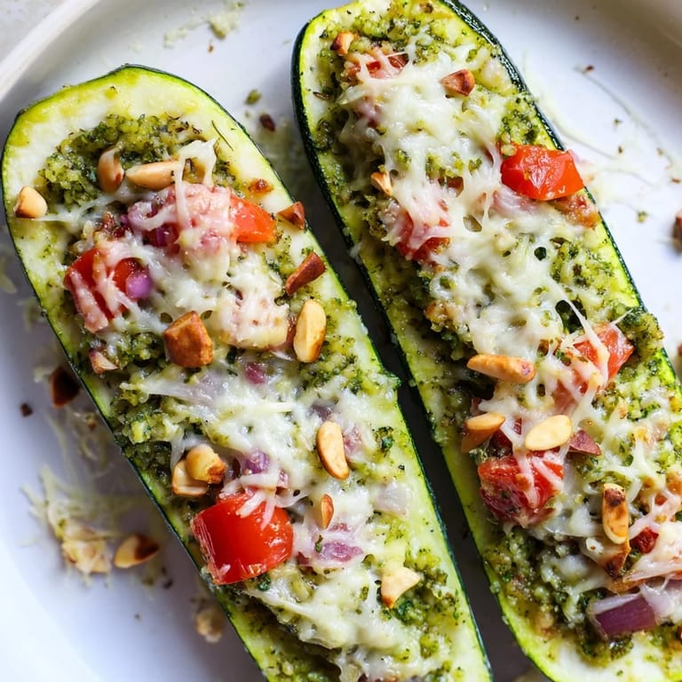 Savory, baked Cheesy Pesto Zucchini Boats are a delicious vegetarian main dish with gooey cheese.