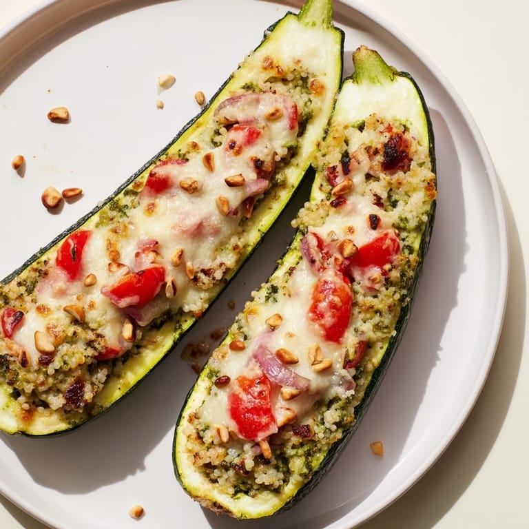 Enjoy cheesy goodness: Flavorful Cheesy Pesto Zucchini Boats showcase perfectly tender, baked zucchini.