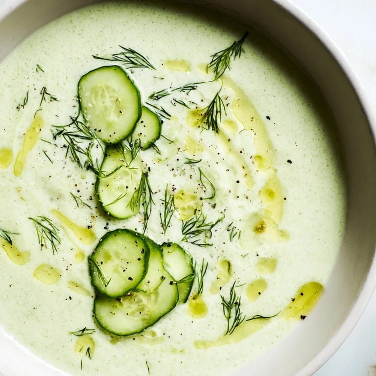 Cool and dreamy, this chilled Cucumber Garlic Soup is a perfect vegetarian summer starter.