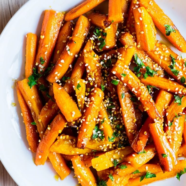 Deliciously sweet and tangy Maple Mustard Roasted Carrots, a simple vegetarian side with vibrant color.