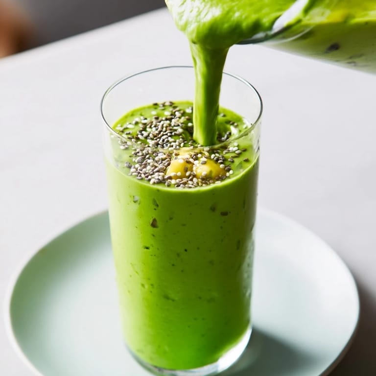 A refreshing spinach avocado smoothie, beautifully blended, hints of banana and mango visible.