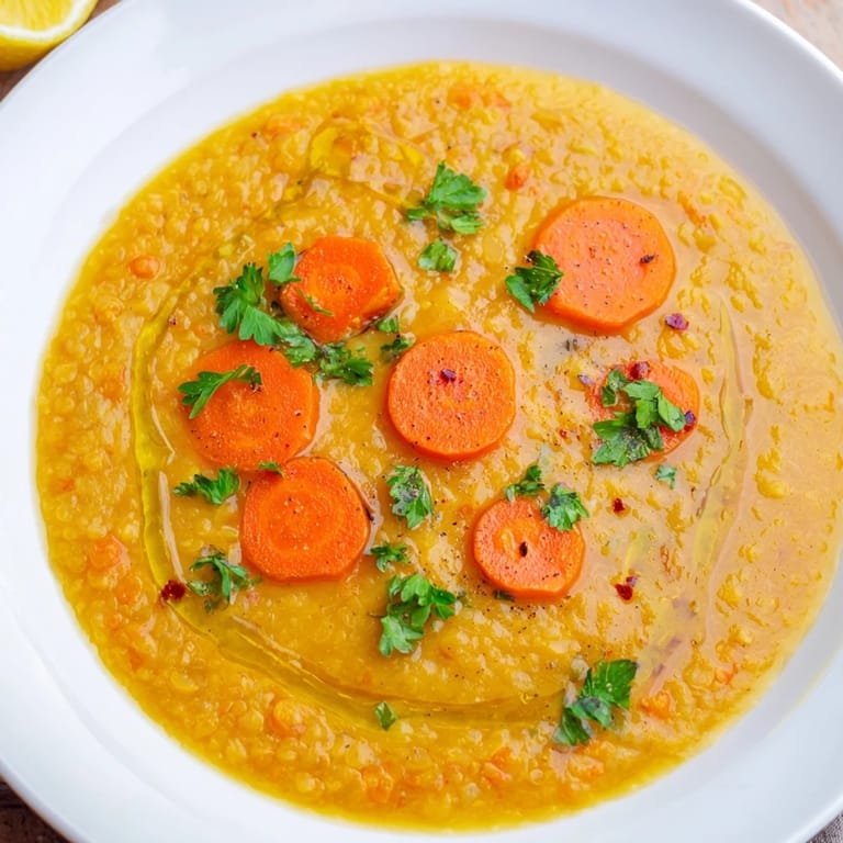 Close-up of a bubbling pot of Spiced Carrot Lentil Soup, smelling of cumin and coriander.