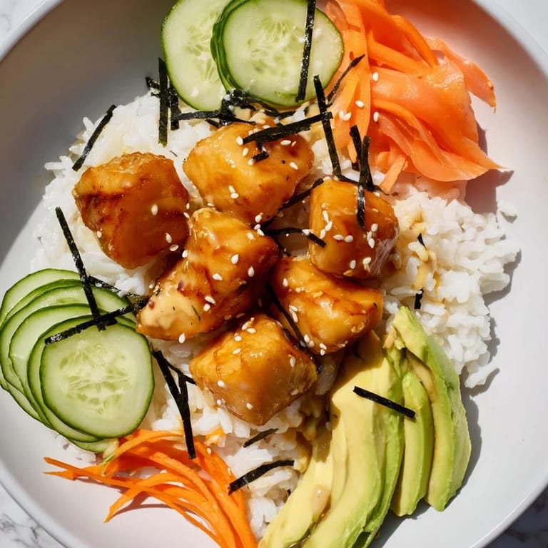 A tempting salmon bites bowl: perfectly cooked salmon, creamy sauce, and fresh toppings, ready to eat.