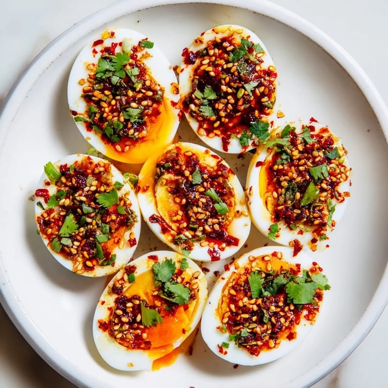 Sliced Chili Oil Eggs showcase soft yolks, glistening with a flavorful chili oil mixture and sesame seeds.