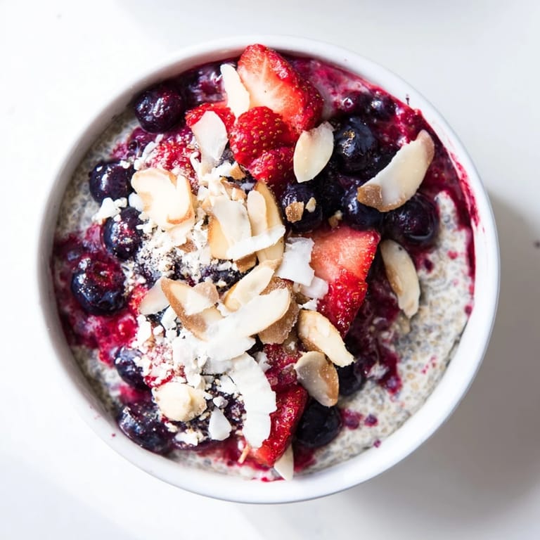 A close-up of berry chia pudding: layers of creamy chia and juicy mixed berries, beautifully arranged.