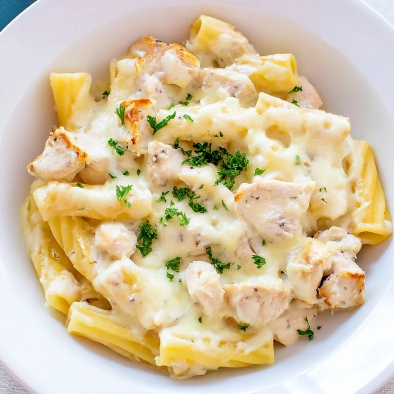 Oven-baked Chicken Alfredo Bake, bubbling hot, tempting with a rich Alfredo sauce and golden crust.