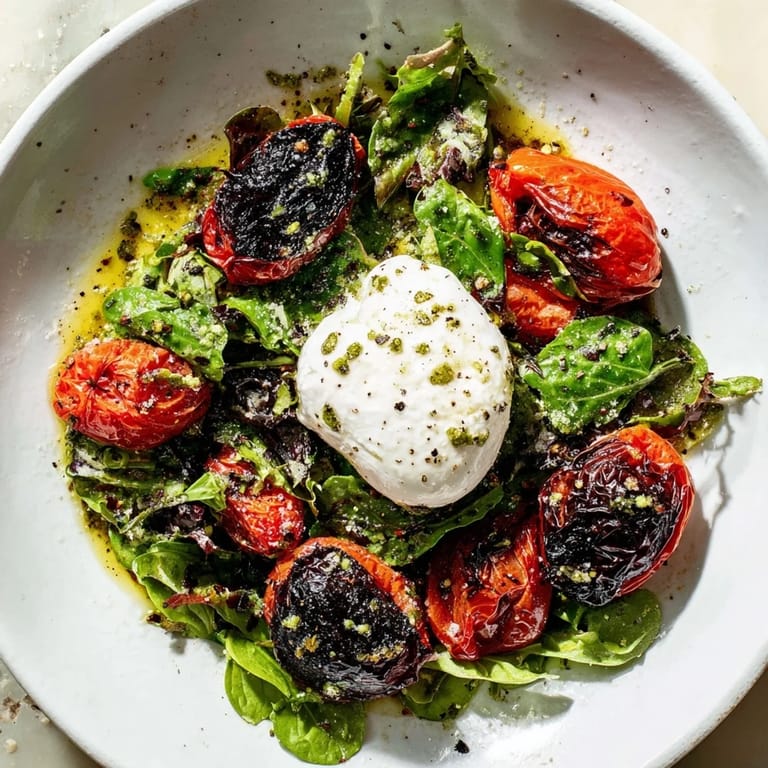 Close-up of a Charred Tomato Salad with Burrata, showcasing blistered tomatoes and fresh, green basil.