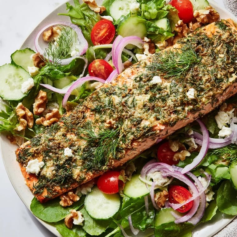 Warm herb-crusted salmon nestled elegantly on a bed of fresh salad with flavorful vinaigrette drizzled.