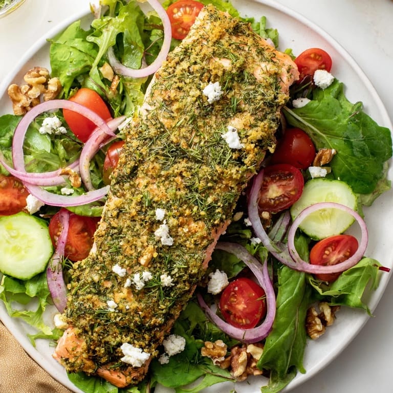 Close-up of a perfectly cooked, flaky herb-crusted salmon, served atop a colorful, fresh salad.