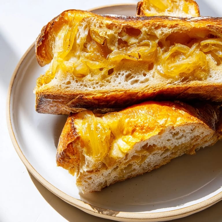 Savory Caramelized Onion and Gruyère Grilled Cheese, featuring rich, slow-cooked onions and nutty Gruyère's delicious warmth.