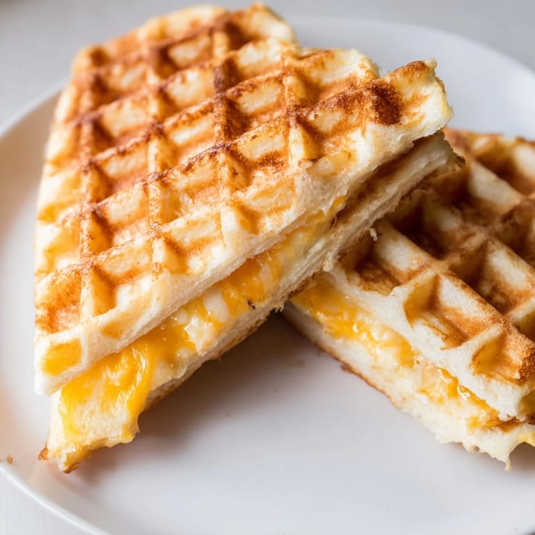 Cheesy, buttery Waffle Grilled Cheese sandwich, served hot, cooked in a waffle iron for the perfect texture.