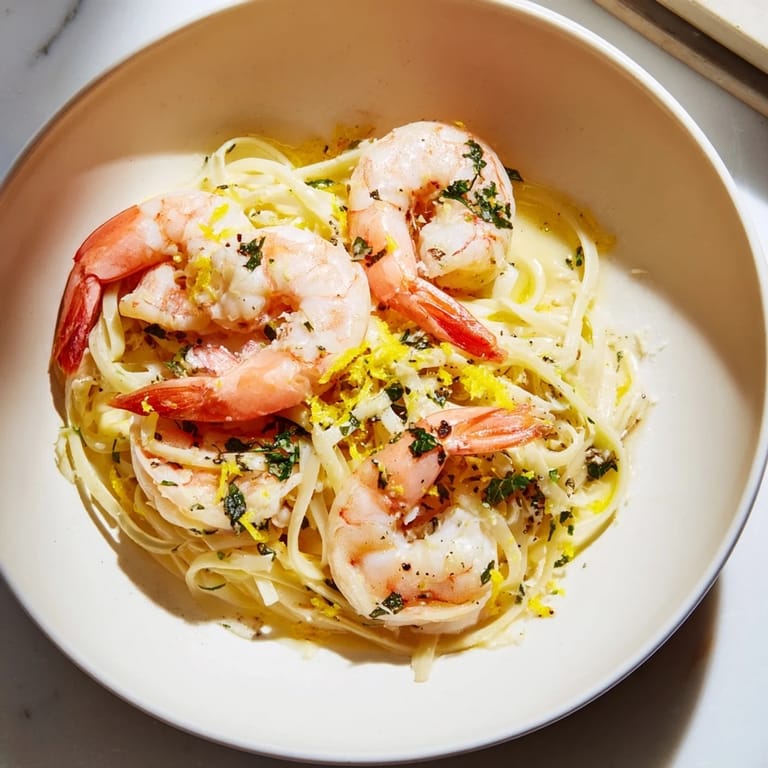 Golden shrimp and linguine in Lemon Herb Pasta, ready to serve with lemon wedges.