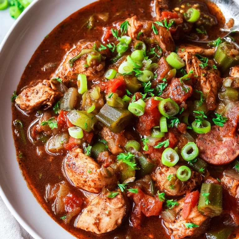 Homemade Gumbo Okra Soup, a rich Louisiana stew, ready to serve with rice and fresh herbs.