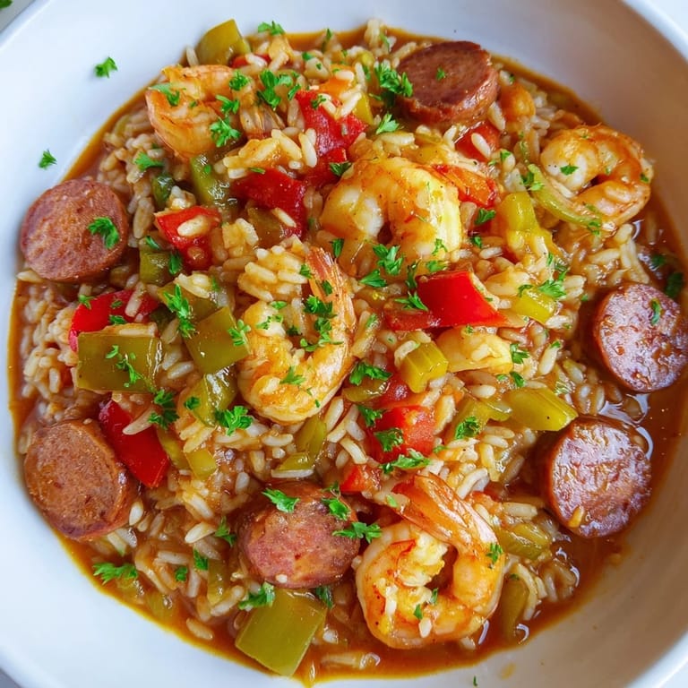 A close-up view of the rich, savory Jambalaya Skillet showcasing perfectly cooked rice and colorful ingredients.