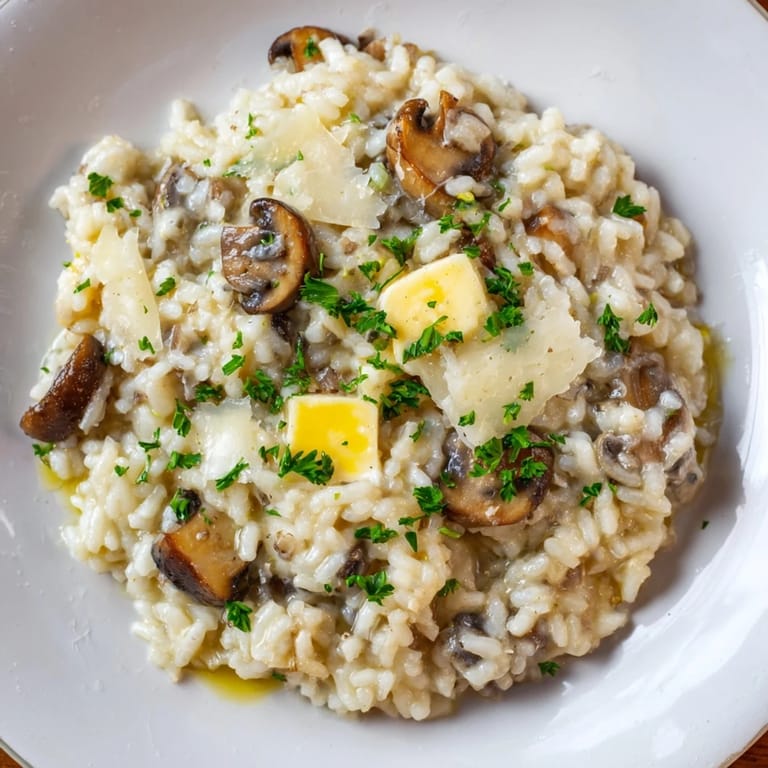 Close-up of a beautifully textured risotto with mushrooms, perfect for a cozy dinner.