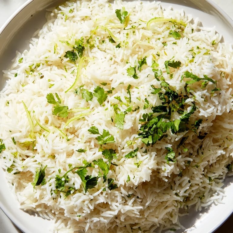 Close-up of freshly made Cilantro Lime Rice: Aromatic rice infused with lime and cilantro, ready to eat.