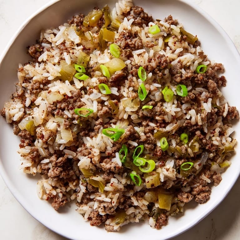 Close-up of a skillet filled with golden Cajun Dirty Rice, boasting vibrant vegetables and savory aromas.