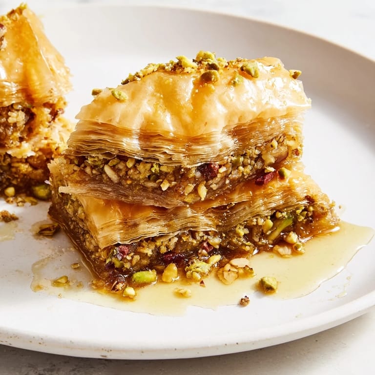 A close-up of delicious Turkish Baklava with honey syrup reveals a sweet, nutty, layered dessert, ready to enjoy.
