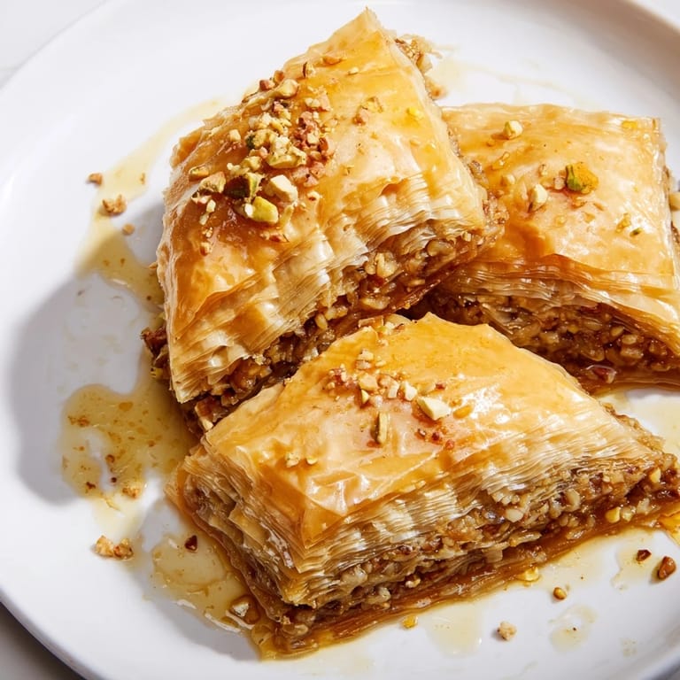 Freshly baked Turkish baklava with honey syrup, a vegetarian dessert, drizzled with golden, flavorful syrup.