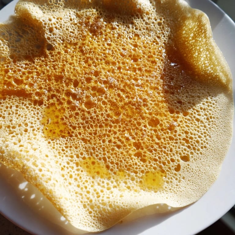 Warm and airy, these homemade Moroccan Baghrir crepes are plated and drizzled with sweet, glossy honey.