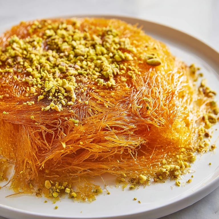 A close-up of warm, cheesy Lebanese Knafeh, its crispy phyllo crust contrasting with the soft filling.