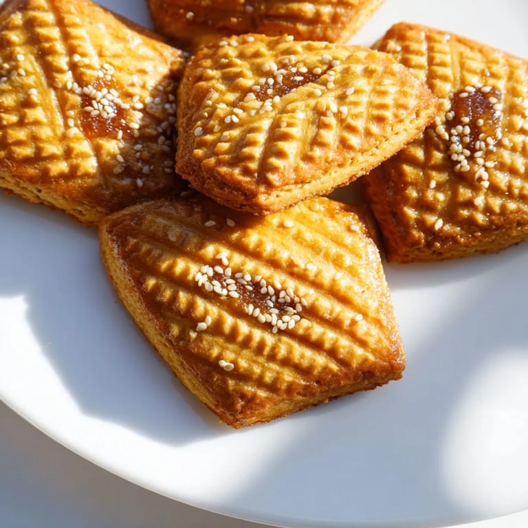 Close-up of golden-brown, diamond-shaped Tunisian makroudh, showcasing the delicious date filling inside.