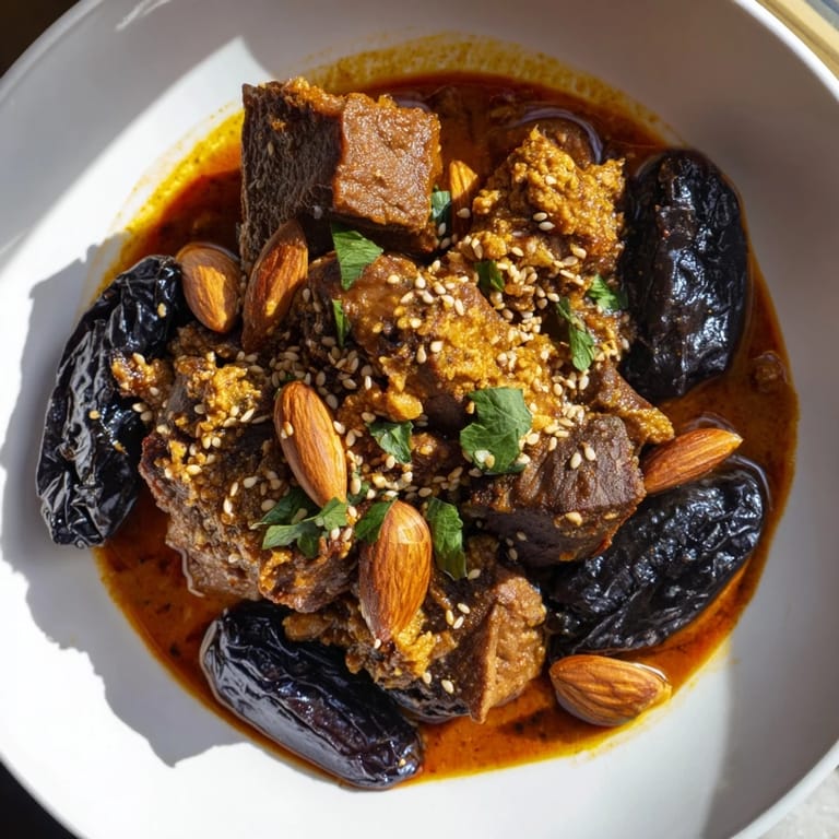 This delicious Moroccan Lamb Tagine features a hearty stew with sweet prunes and almonds.