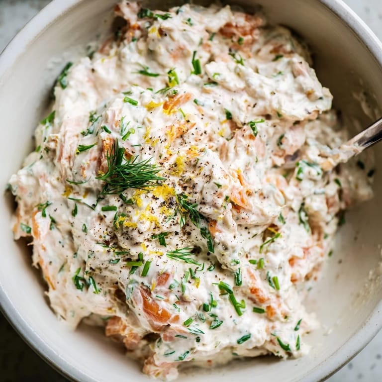 A bowl of smoked salmon dip topped with chives beside crisp cucumber slices and crackers.