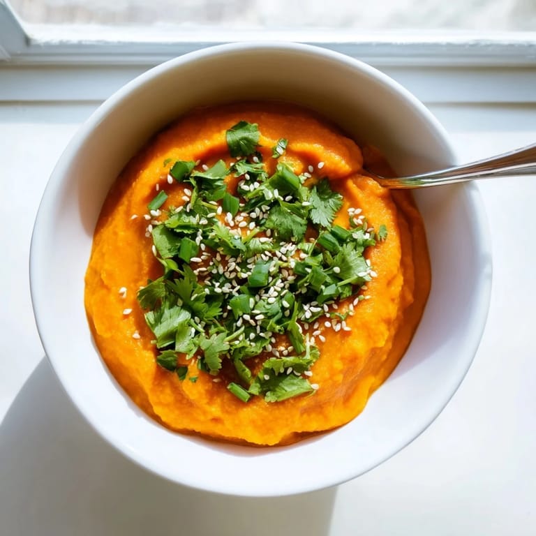 A close-up of the smooth carrot ginger dip in a rustic bowl, ready to enjoy with crunchy crudités.