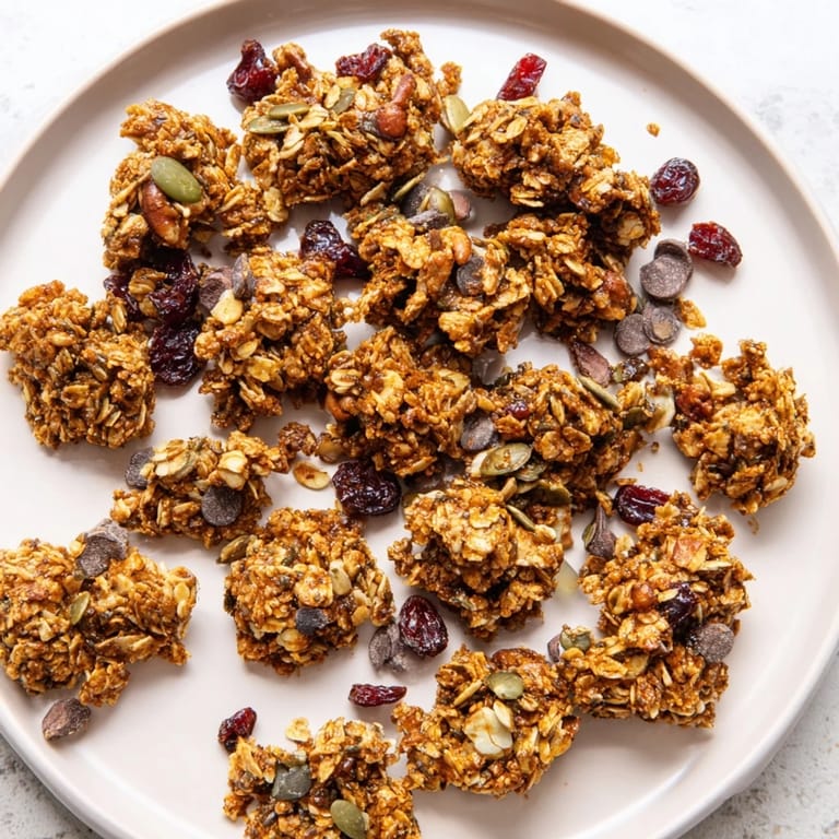 Warm Granola Clusters piled high with dried cranberries and dark chocolate chips.