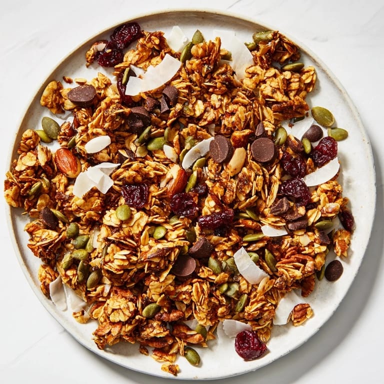 Crisp Granola Clusters served in a white bowl with fresh milk and yogurt.