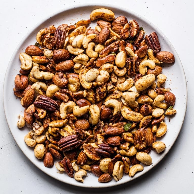 Savory-sweet Spiced Nuts Mix spilling from a glass jar, a perfect snack for charcuterie boards or parties.