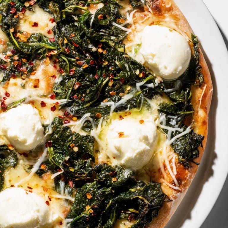 Freshly baked Spinach Ricotta Pizza garnished with herbs, served hot from the oven, makes an inviting vegetarian main dish for a weeknight dinner.