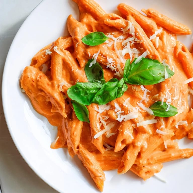 A skillet of Roasted Red Pepper Pasta with penne, blended roasted peppers, and a creamy sauce, ready to serve.