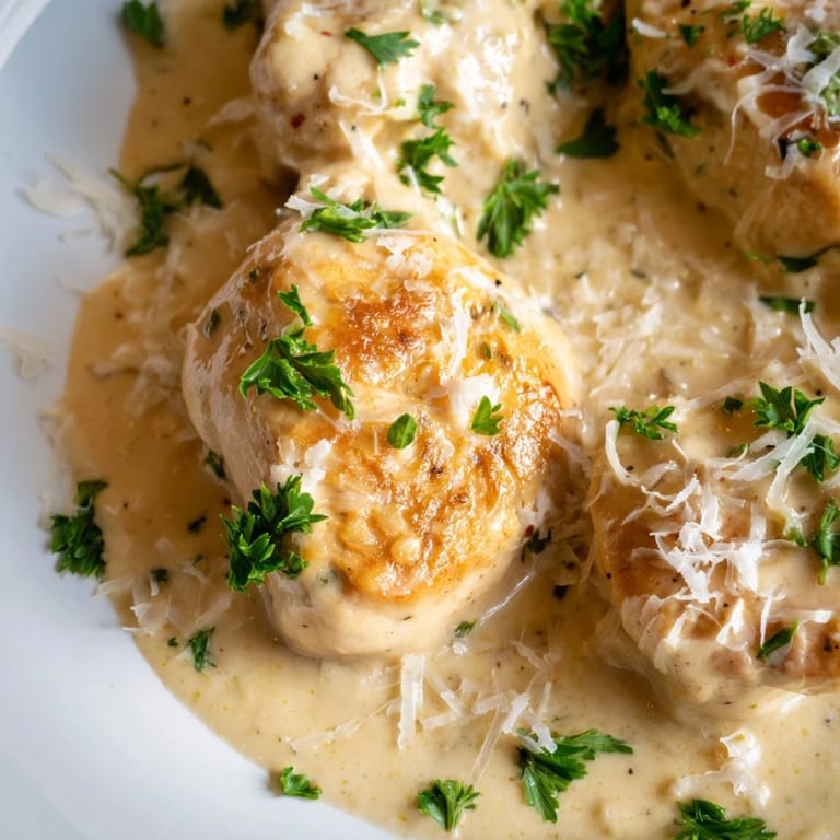 A close-up of juicy chicken bites smothered in a creamy, garlicky parmesan sauce, with fresh parsley and red pepper flakes.