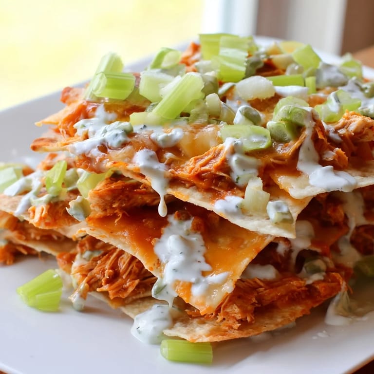 Spicy buffalo chicken nachos with tortilla chips, gooey cheese, and fresh celery garnish, perfect for a game day snack.  