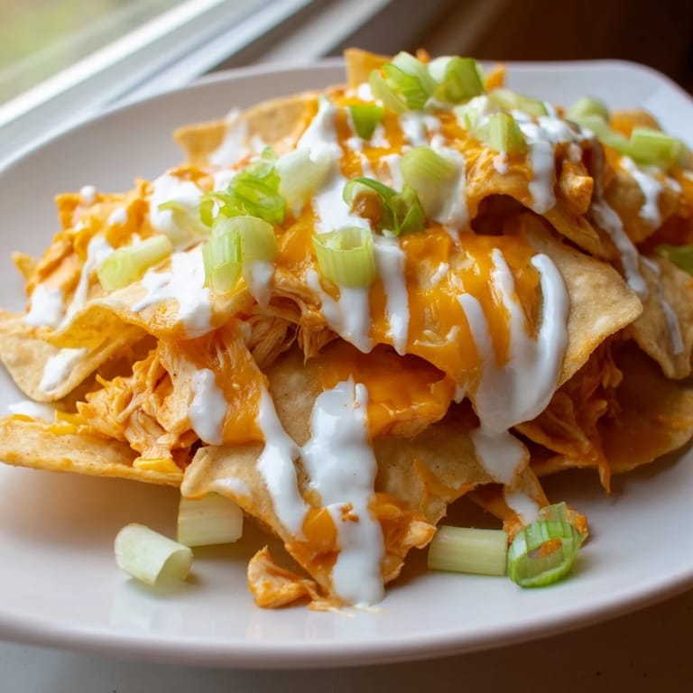 Baked buffalo chicken nachos featuring shredded chicken, Monterey Jack, and a generous ranch drizzle ready to serve.