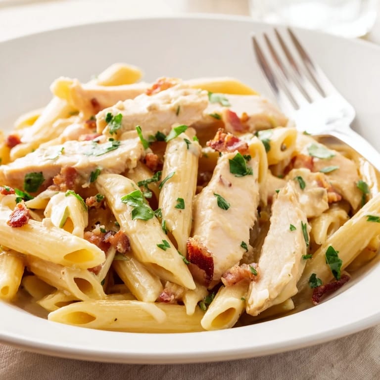 Close-up photo of Creamy Chicken Bacon Penne, showcasing penne coated in garlic cream sauce with chicken and bacon, ideal for cozy weeknight dinners.