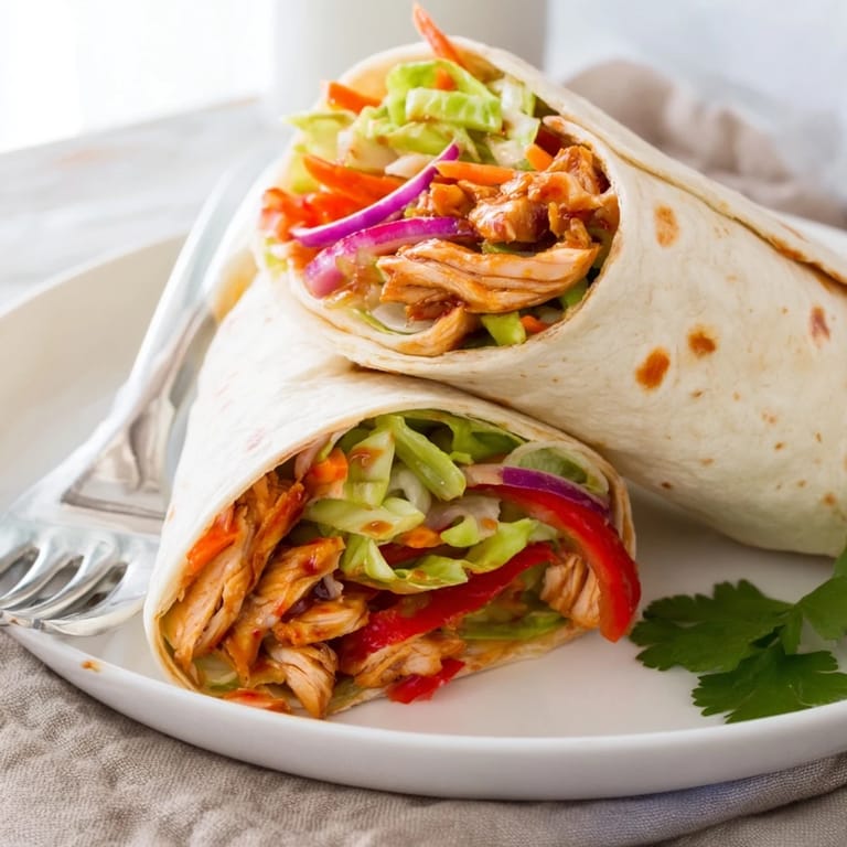 A close-up of a honey sriracha chicken wrap cut in half, revealing juicy chicken, crunchy veggies, and a glossy, sweet-spicy glaze.